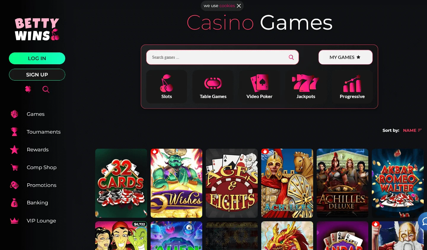Betty Wins Casino RTG games catalogue on desktop