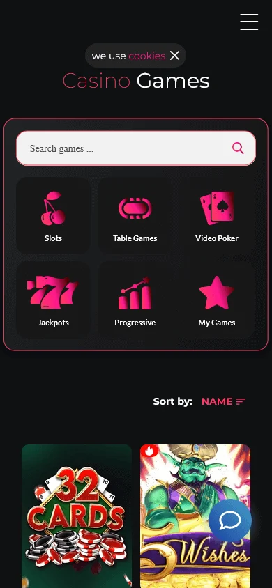 Betty Wins Casino RTG games catalogue on mobile